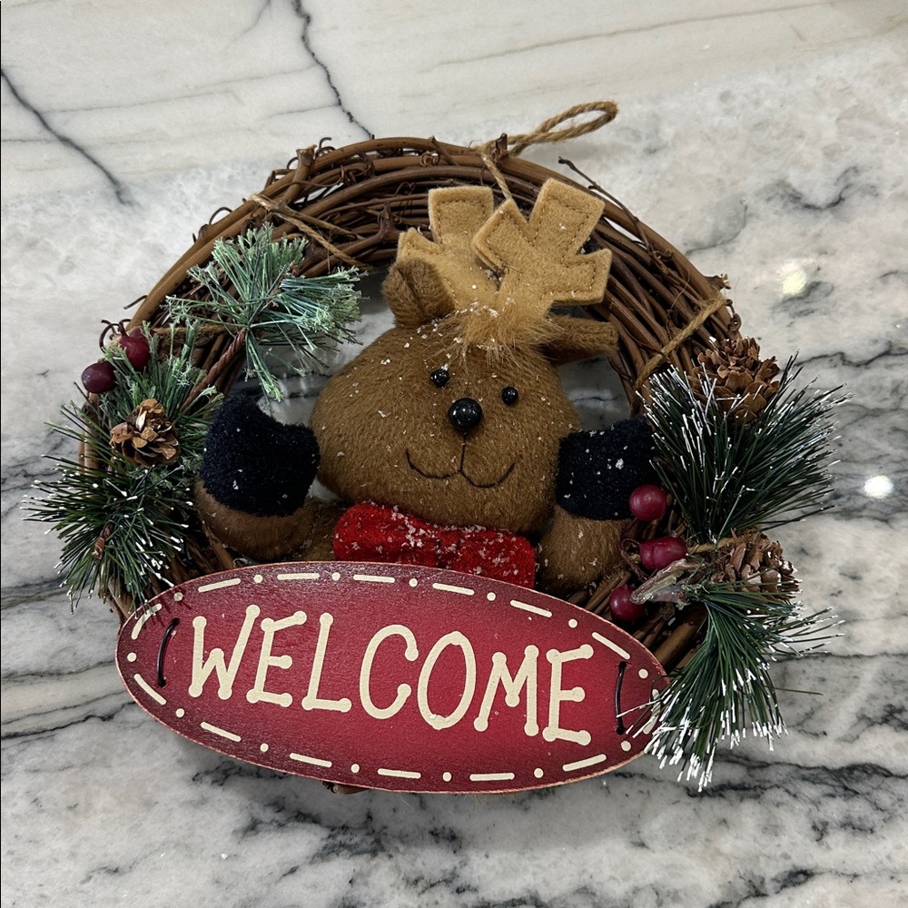 Festive Reindeer  Christmas/winter season Wreath “Welcome” 9 in